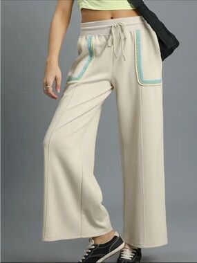 Umgee Cream Wide-Leg Drawstring Pants with Blue-Green Trim